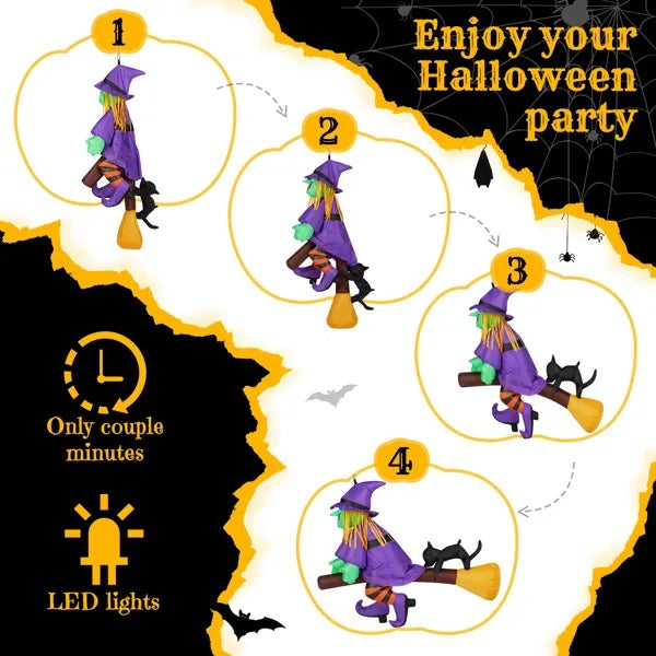 3.9 FT Halloween Inflatable Witch Riding Broom Broke Out From Window Outdoor Decorations, Scary Blow Up Decor With Built-in LED Lights
