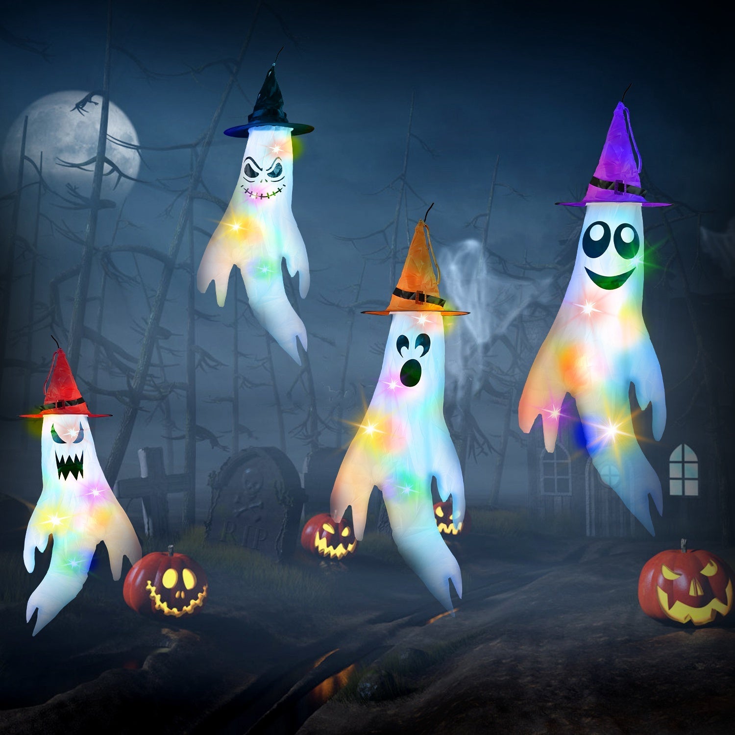 4Pcs Per Set Halloween Ghosts With Witch Hats Windsocks Hanging Decoration With Colorful LED Light