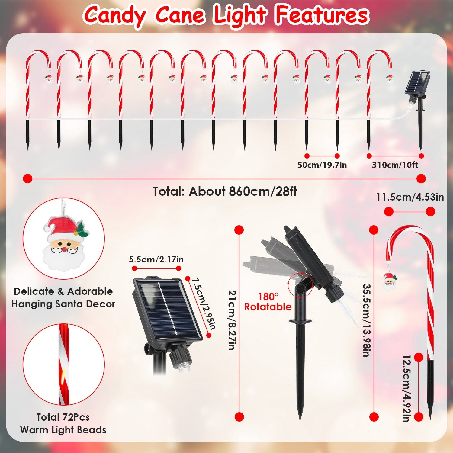 Solar Candy Cane Christmas Lights – 72LED Outdoor Waterproof Pathway Decorations with Timer & Modes