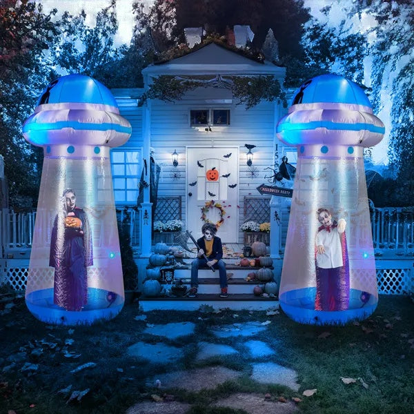 8.8 FT Halloween Inflatable UFO Yard Decoration, Fun Tall Blow Up Yard Decor With Built-in LED Lights And Stand Inside Design