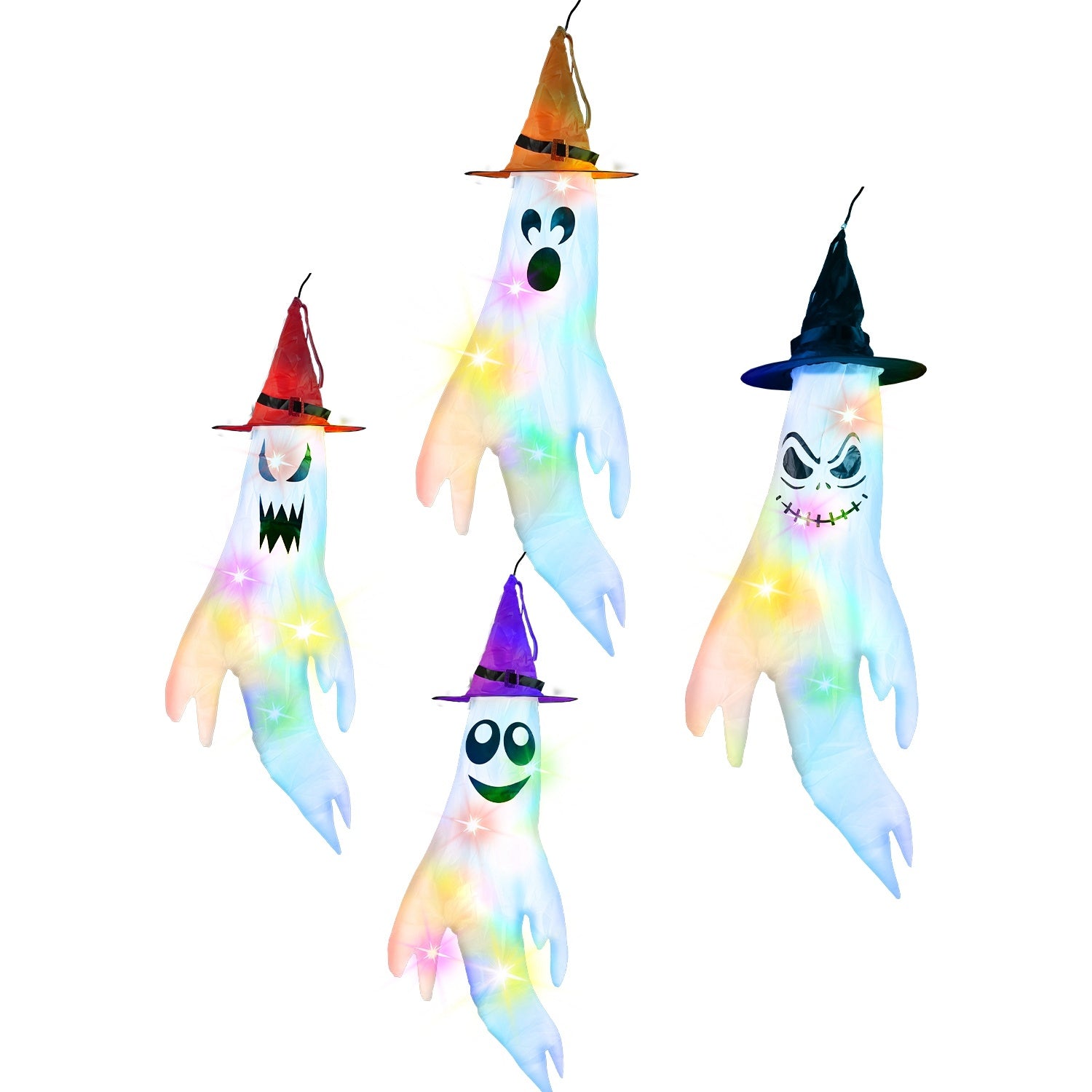4Pcs Per Set Halloween Ghosts With Witch Hats Windsocks Hanging Decoration With Colorful LED Light