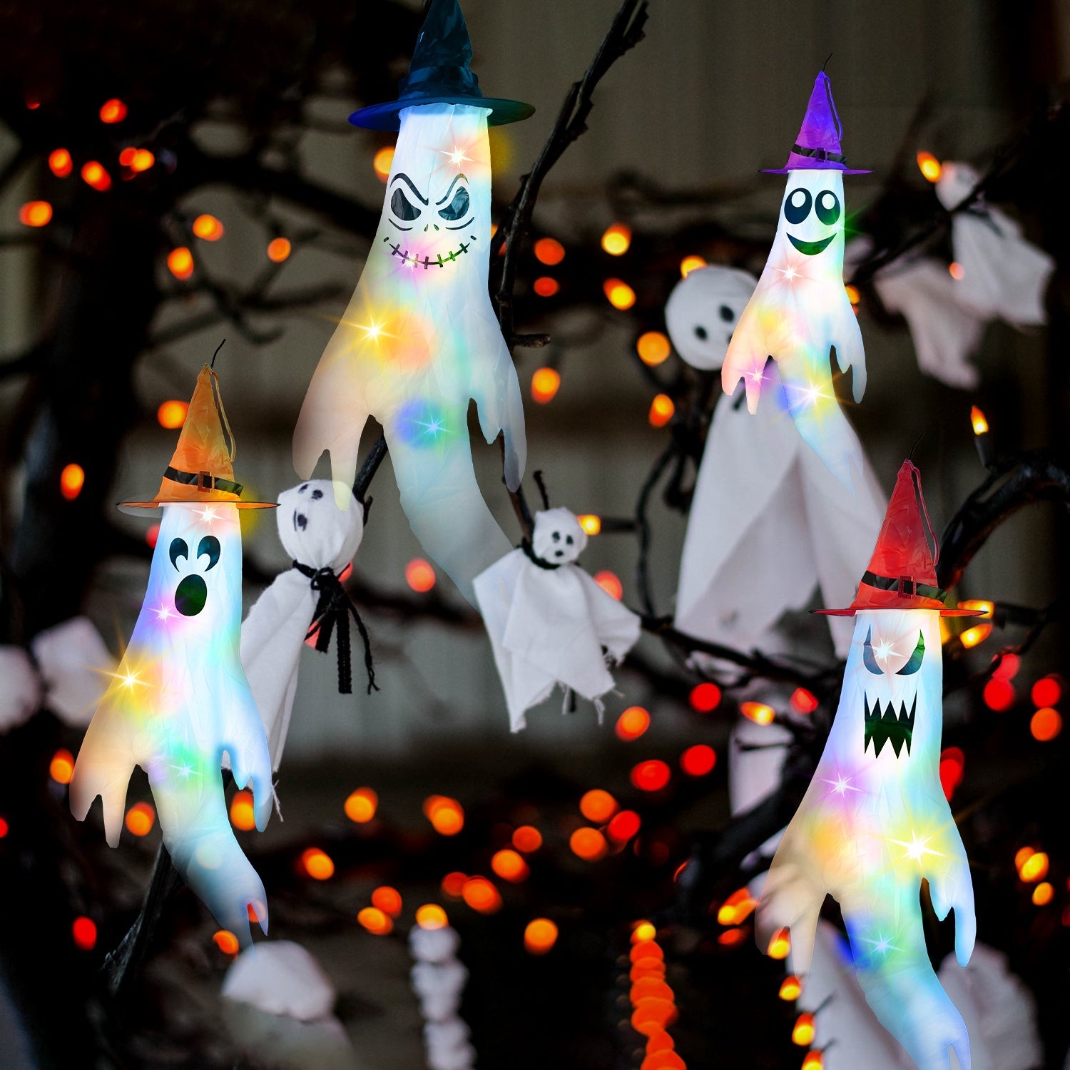 4Pcs Per Set Halloween Ghosts With Witch Hats Windsocks Hanging Decoration With Colorful LED Light