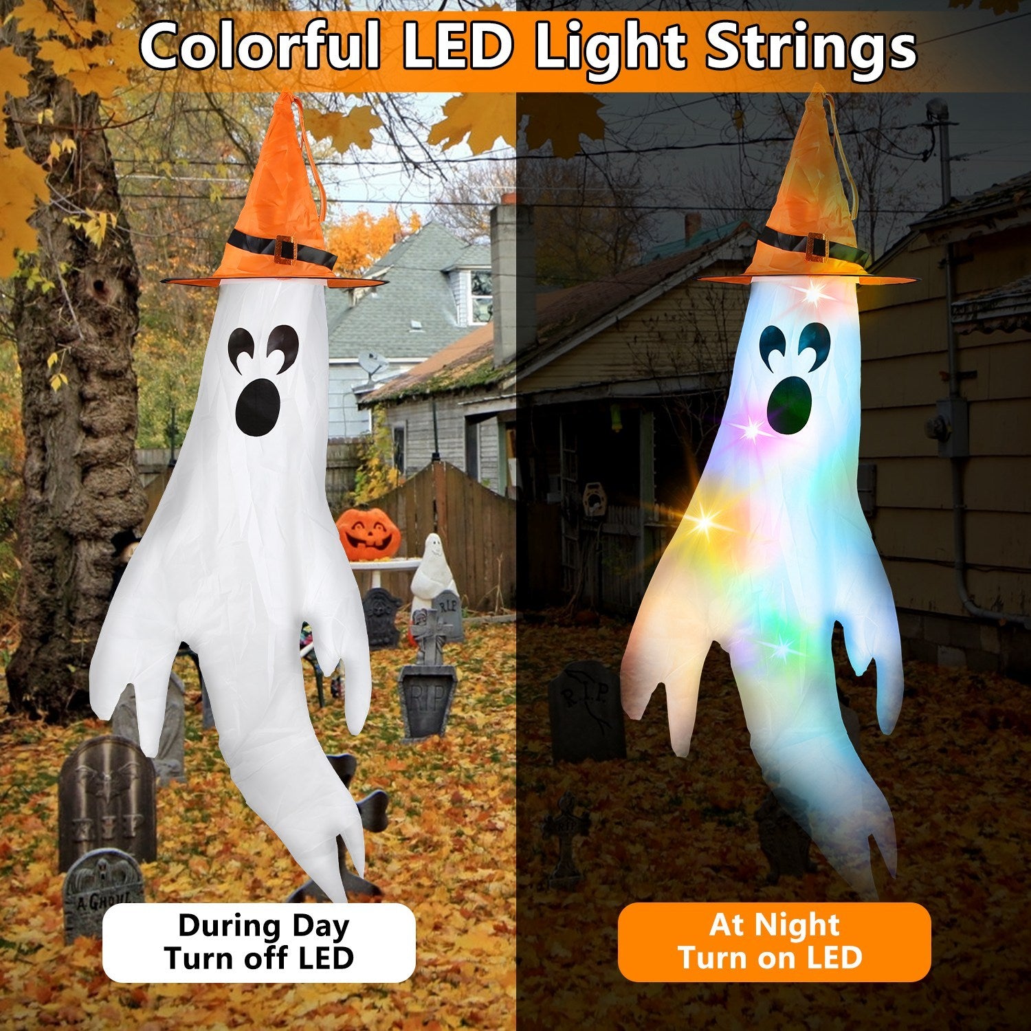 4Pcs Per Set Halloween Ghosts With Witch Hats Windsocks Hanging Decoration With Colorful LED Light