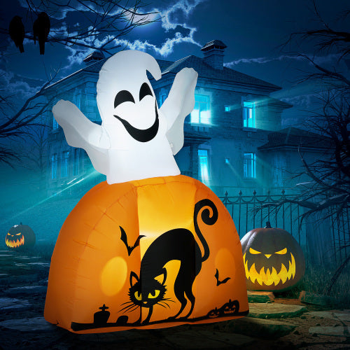 5ft Halloween Inflatables Outdoor Decorations Ghost With Pumpkin, Outdoor Blow Up Yard Decor With LED Lights For Garden